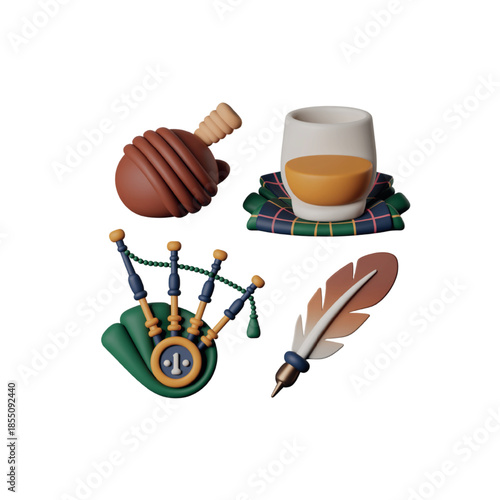 Burns Night 3D Clay Icon Set  Scottish Cultural Celebration Symbols