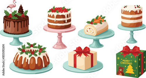 Set of cute Christmas icons and delicious chocolate cupcakes featuring festive cakes with candles and strawberry cream dessert vectors for a sweet bakery celebration illustration
