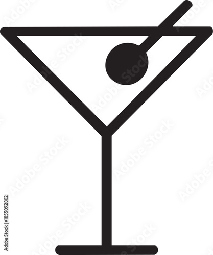 A simple black and white illustration of a classic martini glass with an olive