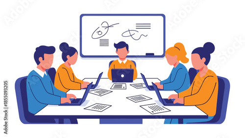 Modern flat vector illustration of office team meeting in conference room with laptops and whiteboard, friendly style, ideal for corporate presentations