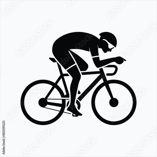 A detailed black silhouette of a cyclist riding a racing bicycle with a helmet and glasses