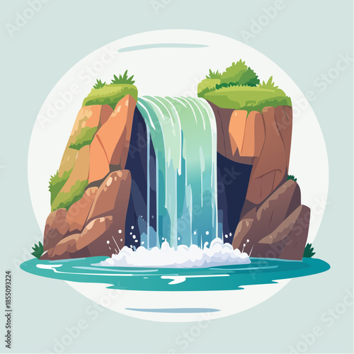 Cartoon waterfall cascading between rocky cliffs into a pool of water.