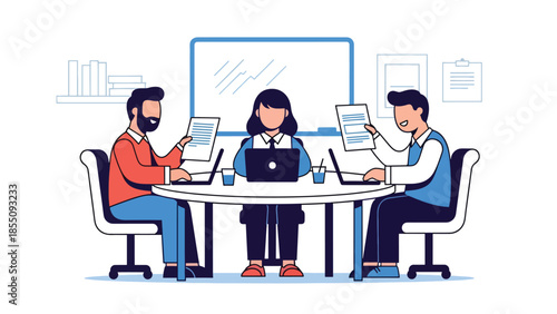 Modern flat vector illustration of office team meeting in conference room with laptops and whiteboard, friendly style, ideal for corporate presentations