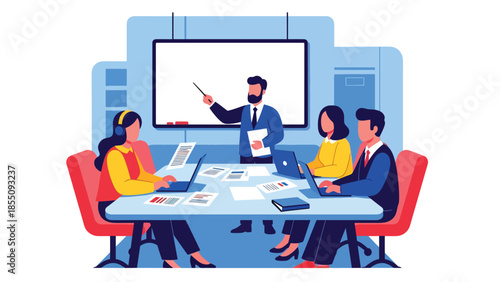 Modern flat vector illustration of office team meeting in conference room with laptops and whiteboard, friendly style, ideal for corporate presentations
