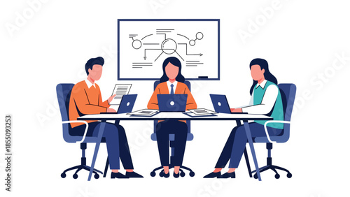 Modern flat vector illustration of office team meeting in conference room with laptops and whiteboard, friendly style, ideal for corporate presentations