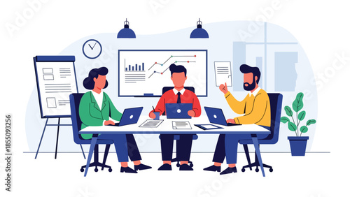Modern flat vector illustration of office team meeting in conference room with laptops and whiteboard, friendly style, ideal for corporate presentations