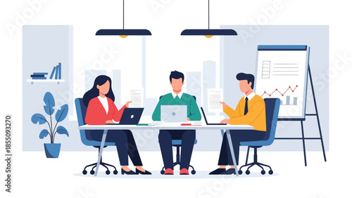 Modern flat vector illustration of office team meeting in conference room with laptops and whiteboard, friendly style, ideal for corporate presentations