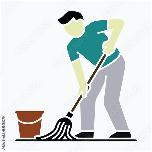 A person in teal shirt and grey pants diligently mops a floor beside a brown bucket