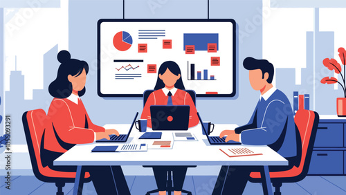 Modern flat vector illustration of office team meeting in conference room with laptops and whiteboard, friendly style, ideal for corporate presentations