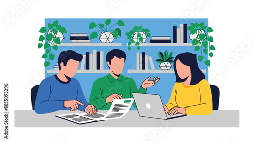 Modern flat vector illustration of people collaborating in open-plan office with shared desks and plants, friendly rounded style, ideal for business content