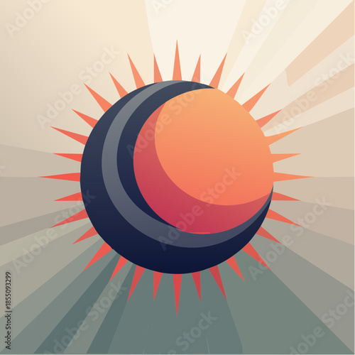 Stylized illustration of a solar eclipse with a gradient sun and moon against a radiating background.