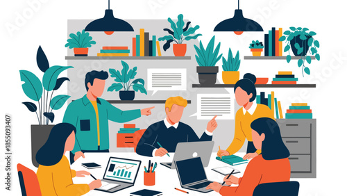 Modern flat vector illustration of people collaborating in open-plan office with shared desks and plants, friendly rounded style, ideal for business content