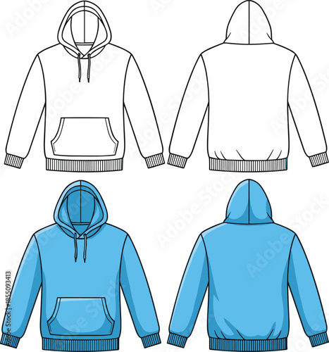 Blue hoodie with front pocket and drawstring hood shown from front and back clothing