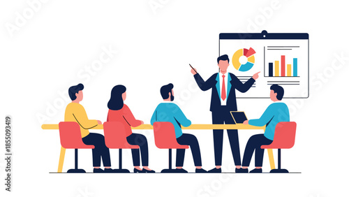 Modern flat vector illustration of business presentation in office meeting room with presenter and audience, friendly design, ideal for training materials