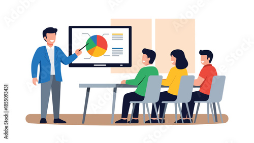Modern flat vector illustration of business presentation in office meeting room with presenter and audience, friendly design, ideal for training materials