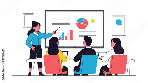 Modern flat vector illustration of business presentation in office meeting room with presenter and audience, friendly design, ideal for training materials