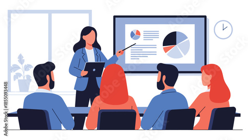 Modern flat vector illustration of business presentation in office meeting room with presenter and audience, friendly design, ideal for training materials