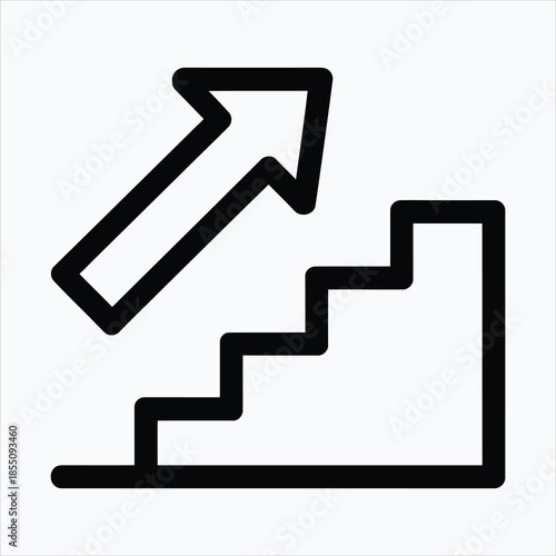 A minimalist black outline shows a stairway with an upward pointing arrow indicating ascent and progress