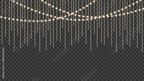 Elegant string of warm white fairy lights creating a festive curtain on a transparent background