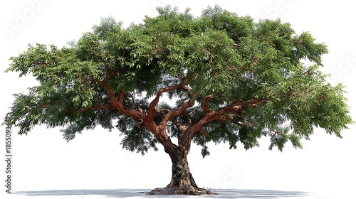 Tall eucalyptus tree isolated on white background slim trunk soft green leaves clean minimal composition nature stock photography, Realistic Photo