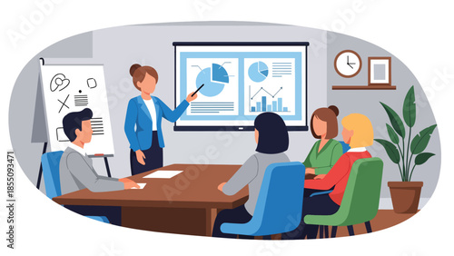 Modern flat vector illustration of business presentation in office meeting room with presenter and audience, friendly design, ideal for training materials