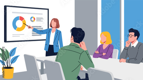 Modern flat vector illustration of business presentation in office meeting room with presenter and audience, friendly design, ideal for training materials