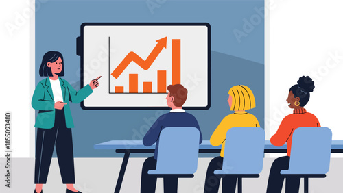 Modern flat vector illustration of business presentation in office meeting room with presenter and audience, friendly design, ideal for training materials