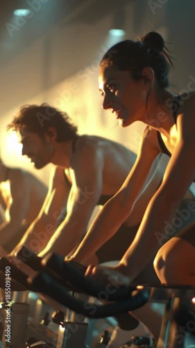 Energetic group of fitness enthusiasts in a spinning class, captured from a low perspective with warm light to emphasize the powerful and motivational vibes of a corporate gym workout vertical 9:16
