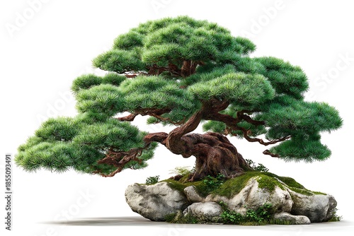 Pine bonsai tree isolated on white background sculpted branches zen aesthetic soft diffused lighting fine art botanical image, Realistic Photo