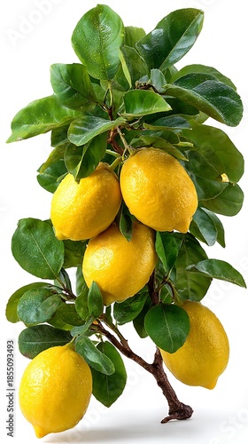 Lemon tree with fruits isolated on white background fresh green leaves bright studio lighting clean commercial stock photo, Realistic Photo