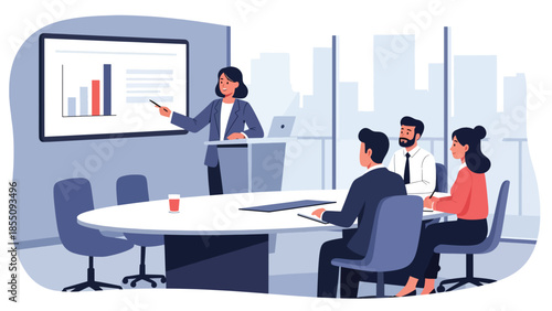Modern flat vector illustration of business presentation in office meeting room with presenter and audience, friendly design, ideal for training materials