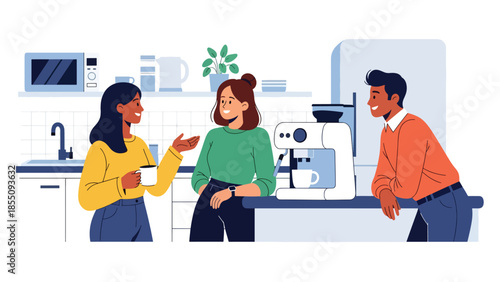 Modern flat vector illustration of coworkers chatting during office coffee break near kitchen area, friendly rounded shapes, ideal for lifestyle business content