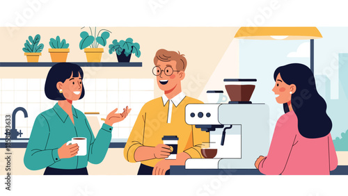 Modern flat vector illustration of coworkers chatting during office coffee break near kitchen area, friendly rounded shapes, ideal for lifestyle business content