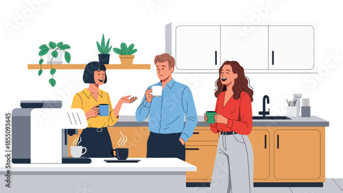 Modern flat vector illustration of coworkers chatting during office coffee break near kitchen area, friendly rounded shapes, ideal for lifestyle business content