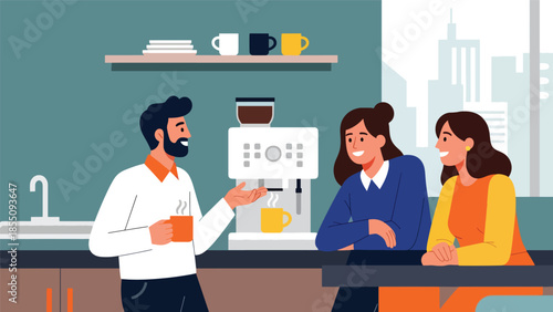 Modern flat vector illustration of coworkers chatting during office coffee break near kitchen area, friendly rounded shapes, ideal for lifestyle business content