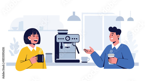 Modern flat vector illustration of coworkers chatting during office coffee break near kitchen area, friendly rounded shapes, ideal for lifestyle business content