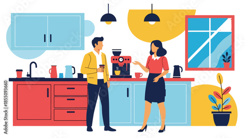 Modern flat vector illustration of coworkers chatting during office coffee break near kitchen area, friendly rounded shapes, ideal for lifestyle business content