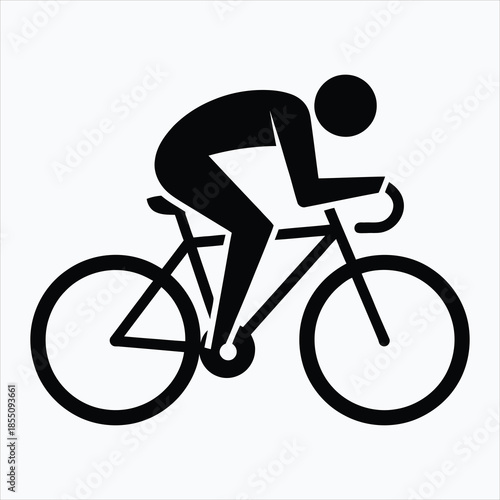 A simple black silhouette of a cyclist riding a racing bicycle on a white background