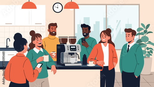 Modern flat vector illustration of coworkers chatting during office coffee break near kitchen area, friendly rounded shapes, ideal for lifestyle business content