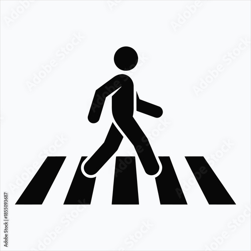 A strong black pedestrian walking symbol moves across a distinct black striped road on a bright white surface