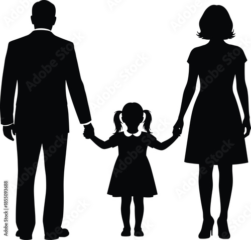 Family silhouette of two adults and a child holding hands black white