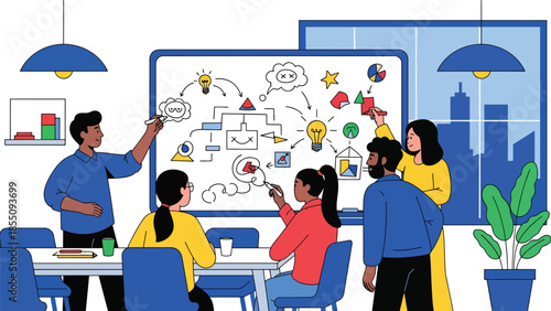 Modern flat vector illustration of office brainstorming session with people writing ideas on whiteboard, friendly rounded shapes, ideal for innovation themes