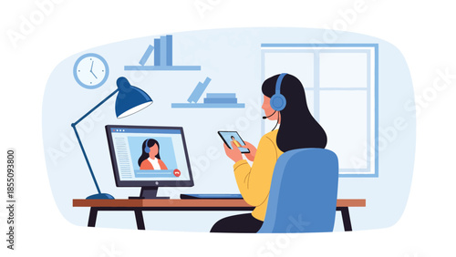 Modern flat vector illustration of people working in office with video calls on screens, friendly modern style, ideal for remote work concepts