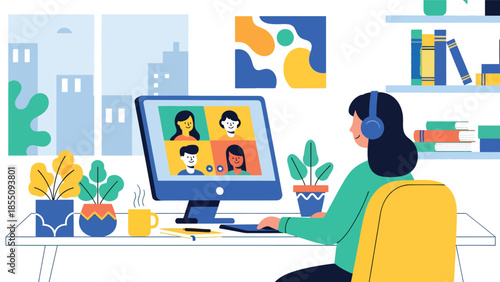 Modern flat vector illustration of people working in office with video calls on screens, friendly modern style, ideal for remote work concepts