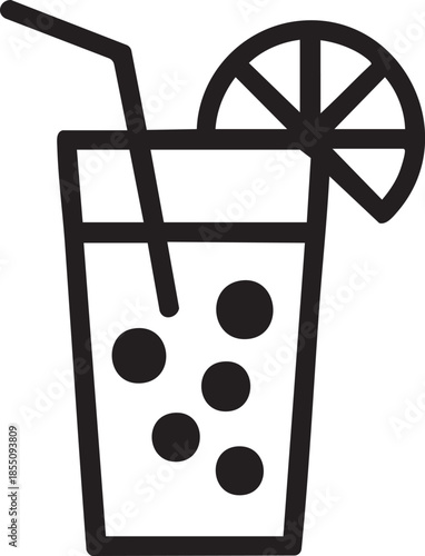 A simple line drawing of a refreshing drink with ice and a lemon slice
