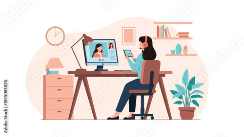Modern flat vector illustration of people working in office with video calls on screens, friendly modern style, ideal for remote work concepts