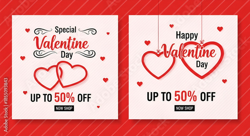 Valentine's Day Big Sale Vector Banner with Patterned Hearts and 50% Off Season Discount on Light Blue Background