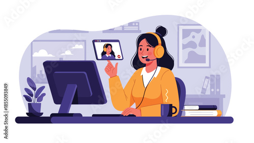 Modern flat vector illustration of people working in office with video calls on screens, friendly modern style, ideal for remote work concepts