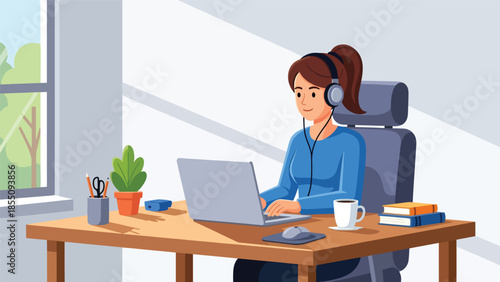 Modern flat vector illustration of people working in office with video calls on screens, friendly modern style, ideal for remote work concepts