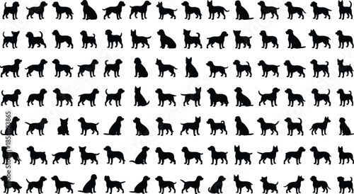 Dog silhouette mega collection showing multiple breeds poses walking standing sitting isolated on white background pet animal vector set